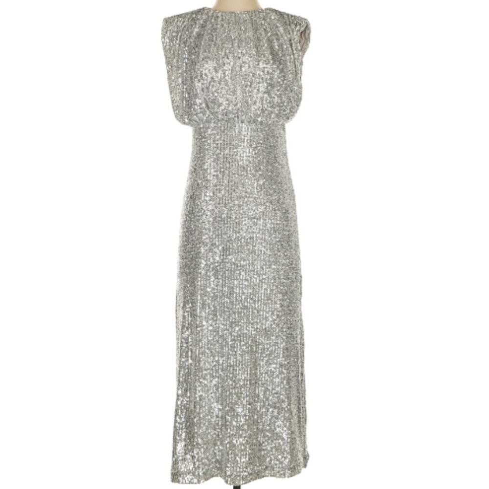 Ann Taylor Silver Sequin Midi Dress Shimmer Cocktail Party Size 14 NEW